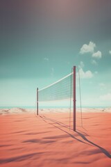 A volleyball net is standing in the sand on a beach