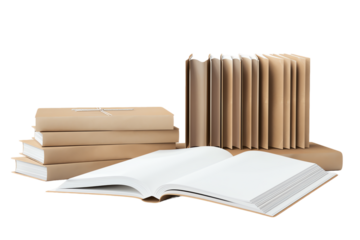 a stack of hardcover books in various colors leaning against each other