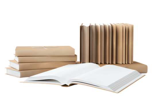 a stack of hardcover books in various colors leaning against each other