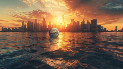 A breathtaking surreal scene featuring the Earth rising over a city's waterfront skyline bathed in the warm hues of sunset. - obrazy, fototapety, plakaty