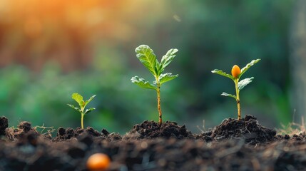 Stages of growth are shown in three young plant seedlings sprouting from rich, fertile soil as the first light of dawn appears.