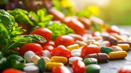 Fotobehang An array of colorful medicinal pills juxtaposed with fresh cherry tomatoes and basil leaves, highlighting natural versus medical health choices. © Rattanathip