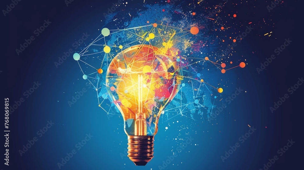 Poster artistic representation of a glowing light bulb with a splatter of vibrant colors and connected netw