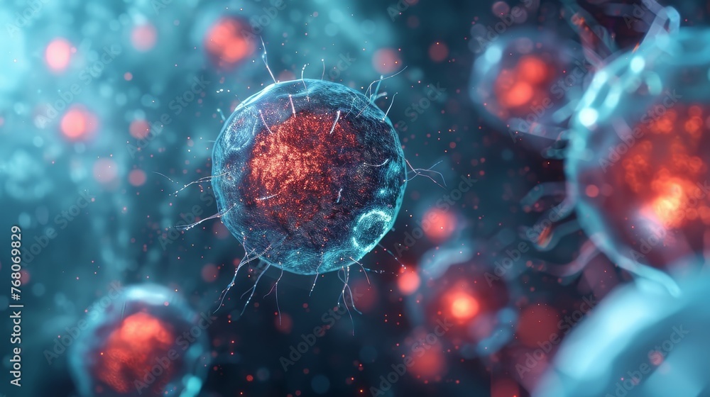 Poster microscopic view of human cells with intricate detail and red glowing nuclei, highlighting the compl