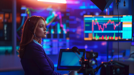 Professional Financial Analyst in Broadcast Studio, A poised financial analyst sits at a desk with multiple screens displaying market data in a sophisticated broadcast studio.