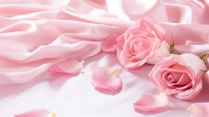 Beautiful pink roses and pink rose petals on soft silk