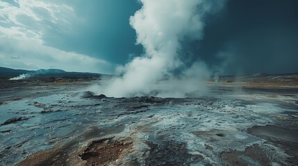 The stark beauty of a geothermal landscape is revealed in plumes of steam rising from the earth under the dramatic expanse of moody skies.