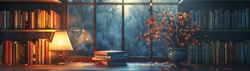 Reading in a cozy nook, surrounded by books, quiet solitude, soft lamp light, evening , high detailed
