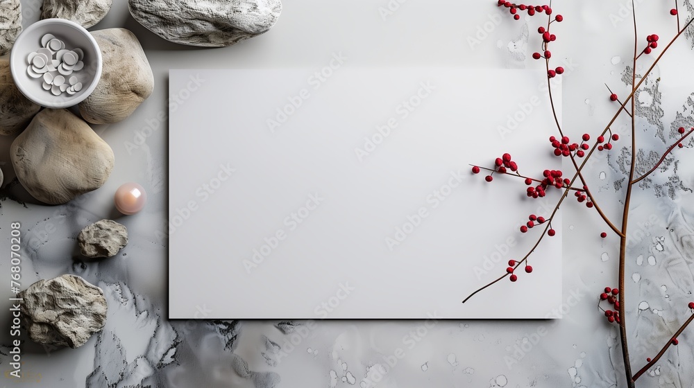 Poster the white sheet of paper with a clean background and rocks. generated by artificial intelligence.