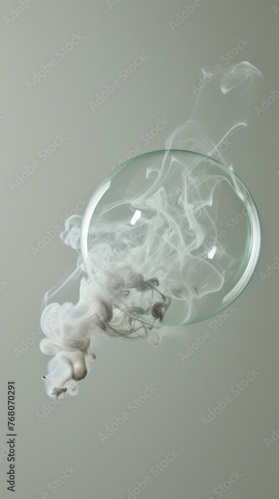 Poster a delicate smoke bubble floats against a light backdrop, creating a dreamlike and ephemeral visual, 