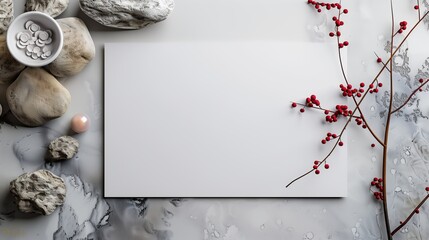 The white sheet of paper with a clean background and rocks. Generated by artificial intelligence. - Powered by Adobe