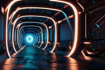 Abstract futuristic corridor tunnel background with light effect. Optical illusion design Generative AI