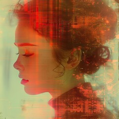 A serene digital portrayal of a woman's profile, infused with abstract red and digital textures, evoking calm and digital synthesis