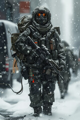 3D Rendering of cyberpunk solidier with heavy armor and weapons. AI Generative. 