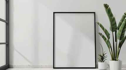 Mock up of large blank square frame for poster in the modern minimalistic office. Generated by artificial intelligence.