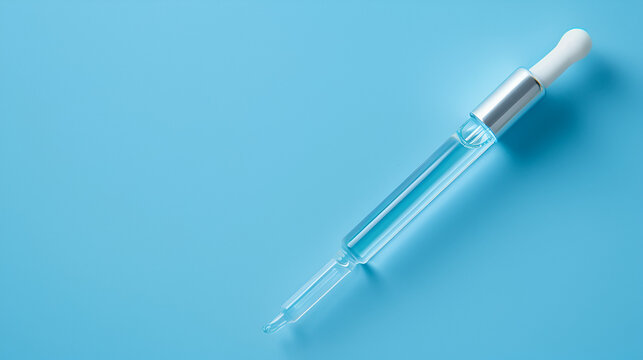 Pipette with dose of fluid hyaluronic acid on blue, generative ai