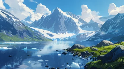 Foto op Plexiglas Mountain Lake Surrounded by Snow Capped Mountains © Prostock-studio