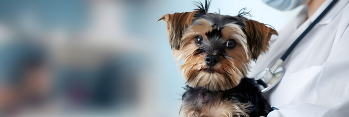 Small cute dog examined at the veterinary doctor, close-up