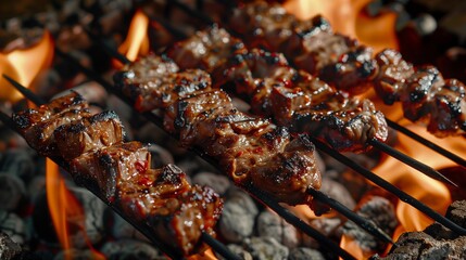 Delicious grilled meat on skewers is lying on a barbecue grill. Food photography