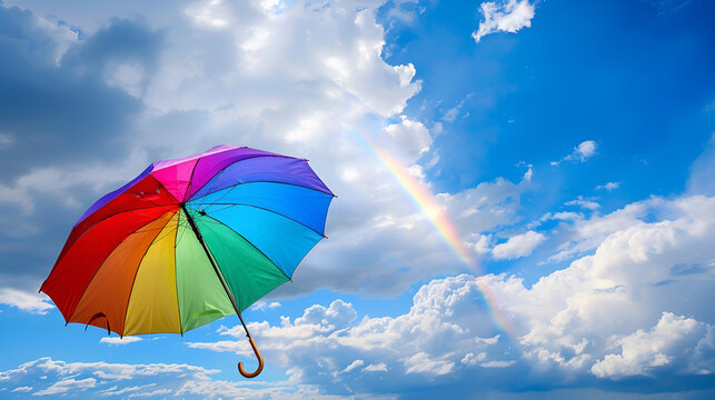 Rainbow umbrella on sky background, generative ai