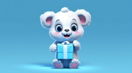 A cute animated puppy is holding a blue gift box