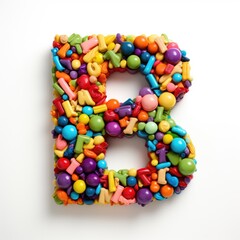 Colorful plastic toys arranged in the shape of the letter "B" on a white background