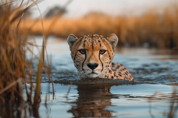 A striking image of a cheetah with its body submerged in water, focusing intently forward, captured against a backdrop of golden reeds.