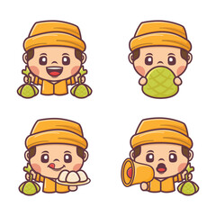 Cute man cartoon with ketupat, Indonesian traditional food