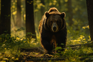 A majestic brown bear wanders through a dense forest, its powerful presence captured amidst the tranquil greenery of its natural habitat.