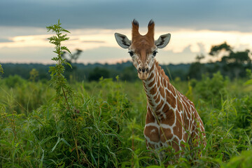 A serene giraffe stands gracefully amidst green foliage against a tranquil sunset sky.