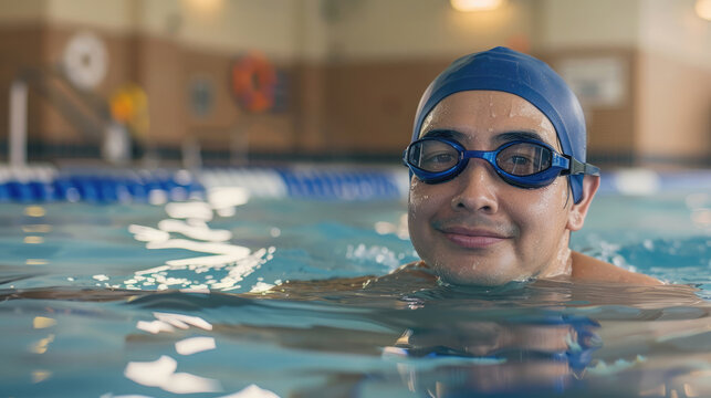 Male swimmer in the pool. Swimming lessons and a healthy lifestyle