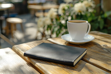 A fresh cup of coffee accompanied by a closed notebook on a rustic wooden table at a sunny outdoor café.