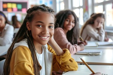 
Smiling school girl sitting at desk in classroom, writing in notebook, posing and looking at camera, diverse classmates studying in the background, Generative AI