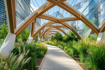 A Modern Urban Garden Pathway with Lush Greenery and Wooden Arches