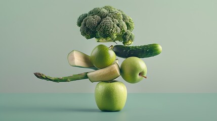 Creative balance of healthy foods in surreal arrangement. Apple, cucumber, and broccoli defy gravity. Surrealism and simplicity in food design. AI - obrazy, fototapety, plakaty