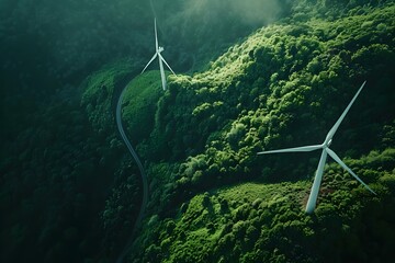 Aerial view of wind turbines in a green landscape promoting sustainable energy and environmental...