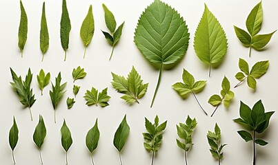 A collection of various types of green leaves arranged neatly on a white background - obrazy, fototapety, plakaty