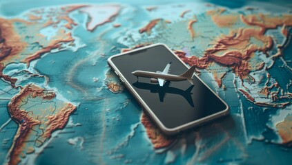 a smartphone with an airplane icon on the screen, sitting atop a world map Generative AI