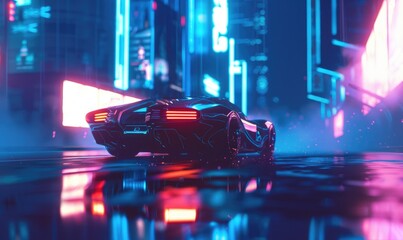 A sleek sports car bathed in neon lights speeds through a futuristic cityscape at night with neon light effect - obrazy, fototapety, plakaty