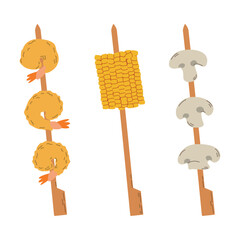 Set of yakitori with different skewers, skewers with mushrooms, shrimp and corn