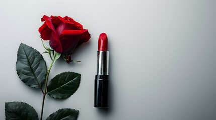 Red lipstick with red rose isolated on white, generative ai - obrazy, fototapety, plakaty