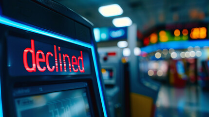 The inscription “Declined” on the terminal screen for paying for purchases in store. Close-up photo - obrazy, fototapety, plakaty