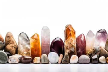 close-up view of a row of beautiful natural crystals isolated on white