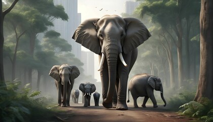A realistic elephant in the forest is walking smoothly with its kids behind it a dense city