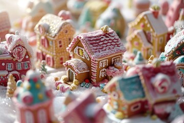 tiny houses made of ginger bread, sweet clay world, pastel candy colors 