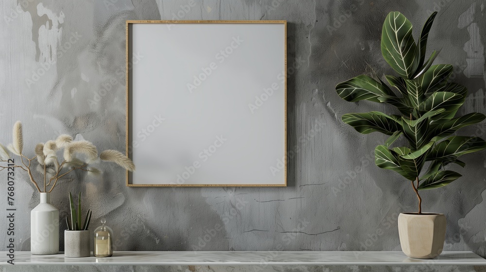 Poster an empty rectangle frame mockup from oak wood in a beautiful gray room. generated by artificial inte