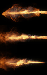 3 powerful fire jet bursts forward, its bright core and billowing smoke and particles isolated on black for easy overlay effect. 3D render - 768073209