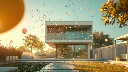 Spectacle of confetti and balloons gracing a sleek residence, side, front, and backyard view.