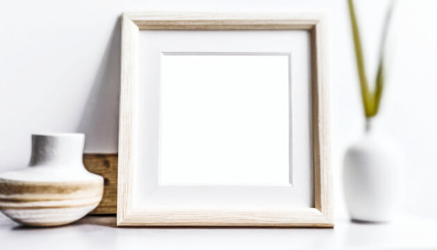 Light wooden picture frame, mockup, copy space.