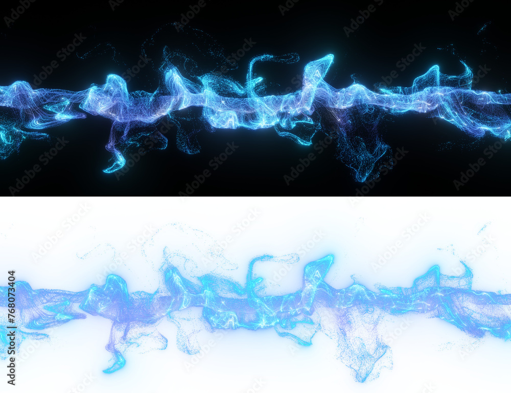 Poster fluid stream of blue particles dances on black and alpha backdrop, forming an abstract pattern. part